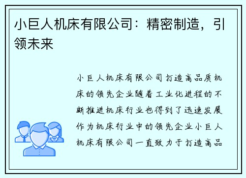 小巨人机床有限公司：精密制造，引领未来